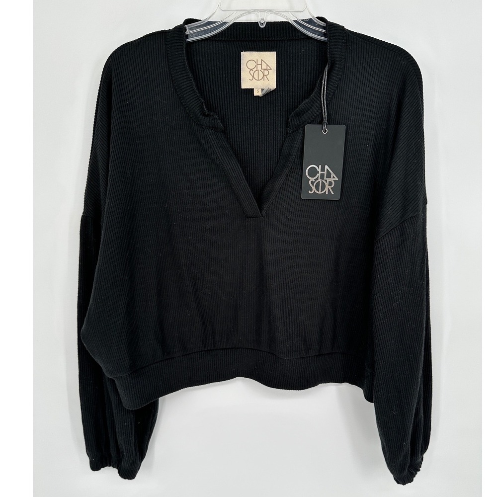 Chaser Womens Ribbed Knit V-Neck Long Sleeve Top Black Vintage Wash Small NWT